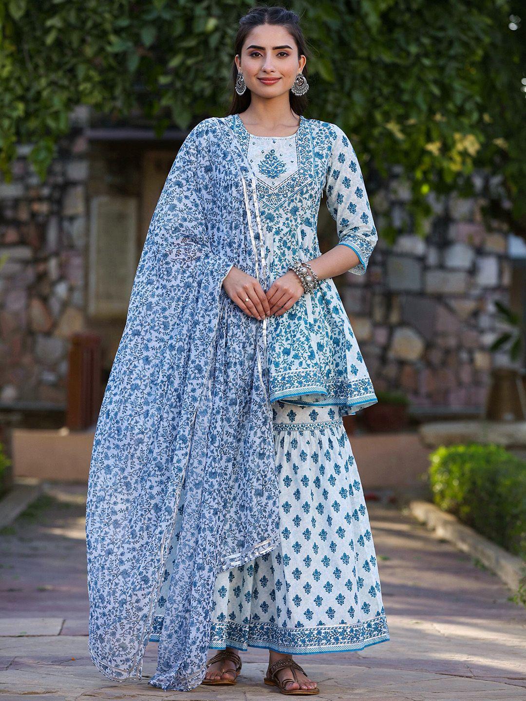 juniper floral printed sequinned a-line pure cotton kurti with sharara & dupatta