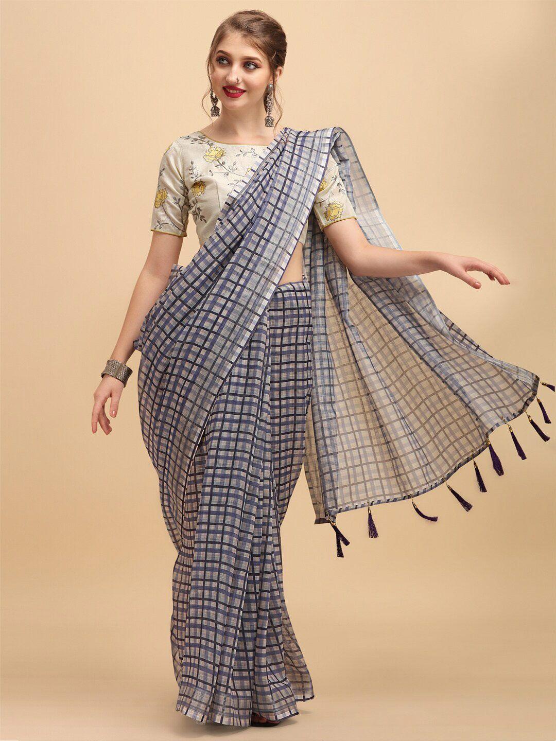 sangria checked printed pure linen saree