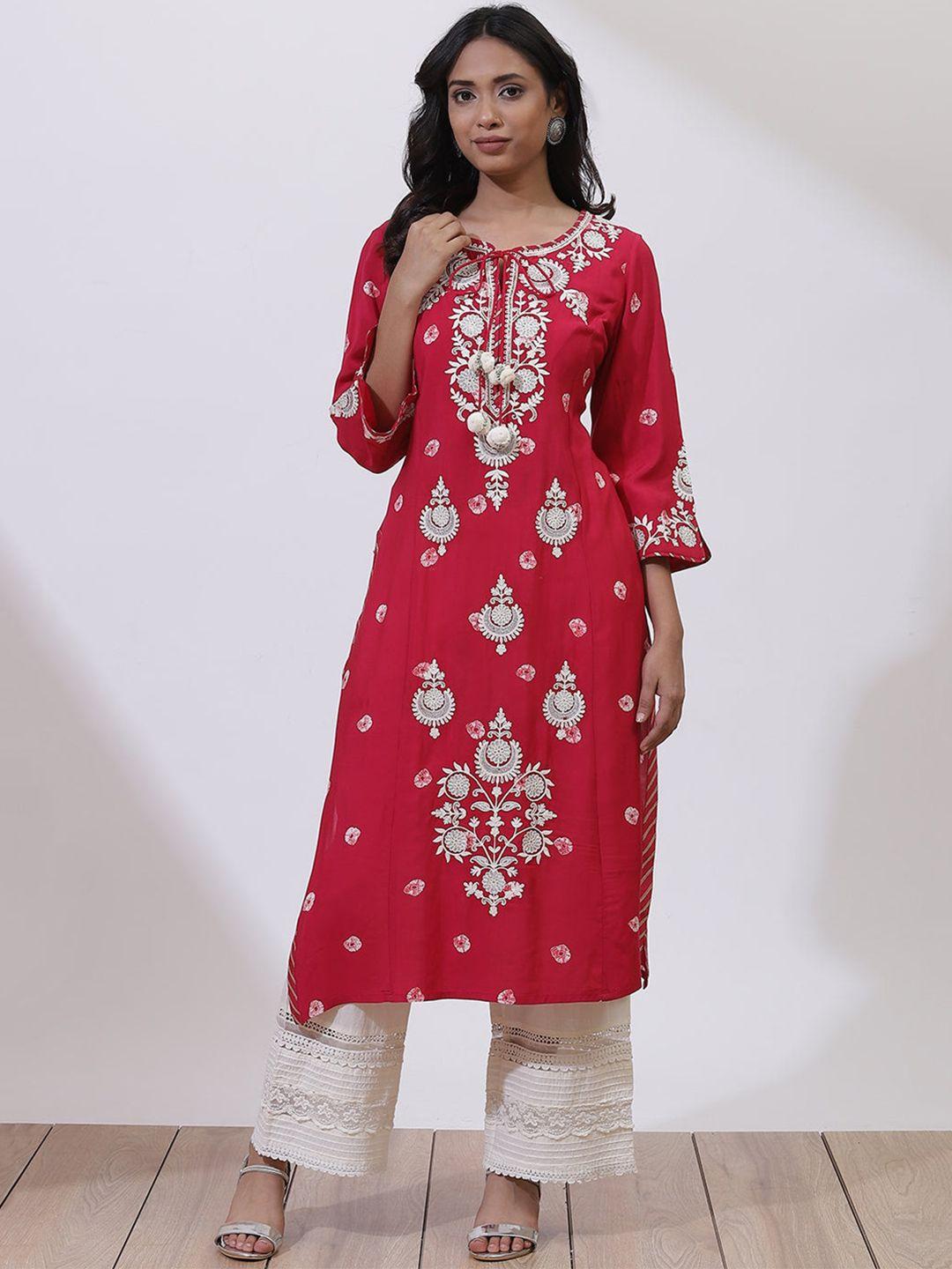 lakshita plus size tie-up neck floral printed thread work kurta