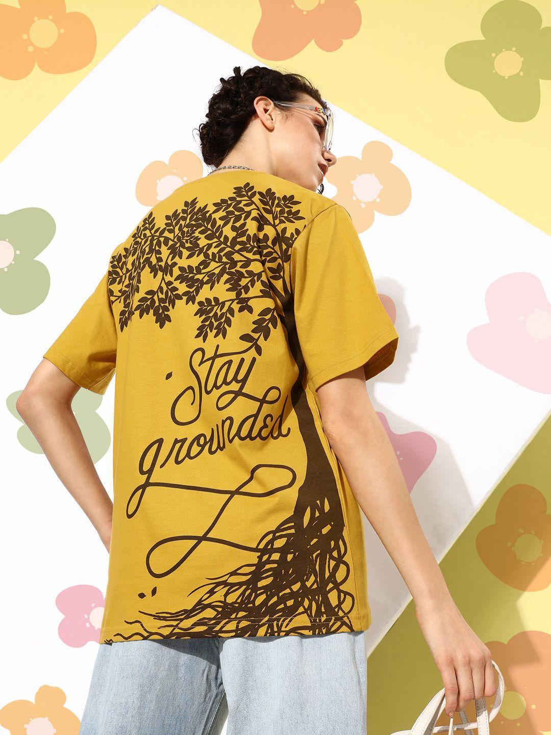 dillinger mustard yellow & brown printed loose pure cotton longline t-shirt