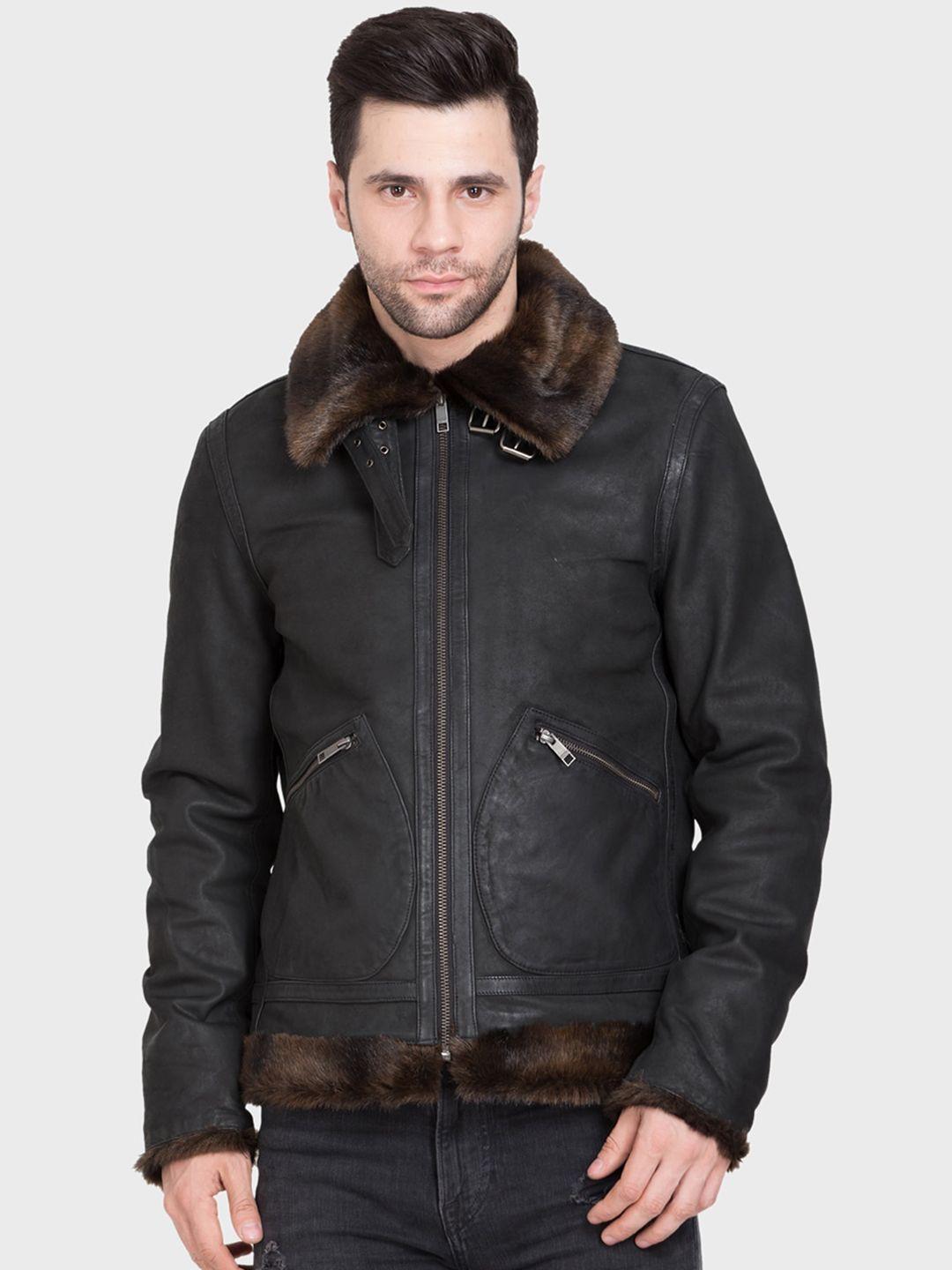 justanned stand collar lightweight leather jacket with faux fur trim