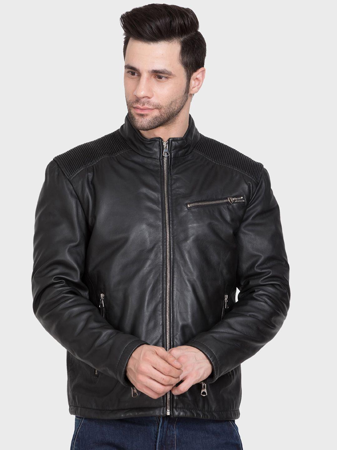 justanned stand collar lightweight leather jacket