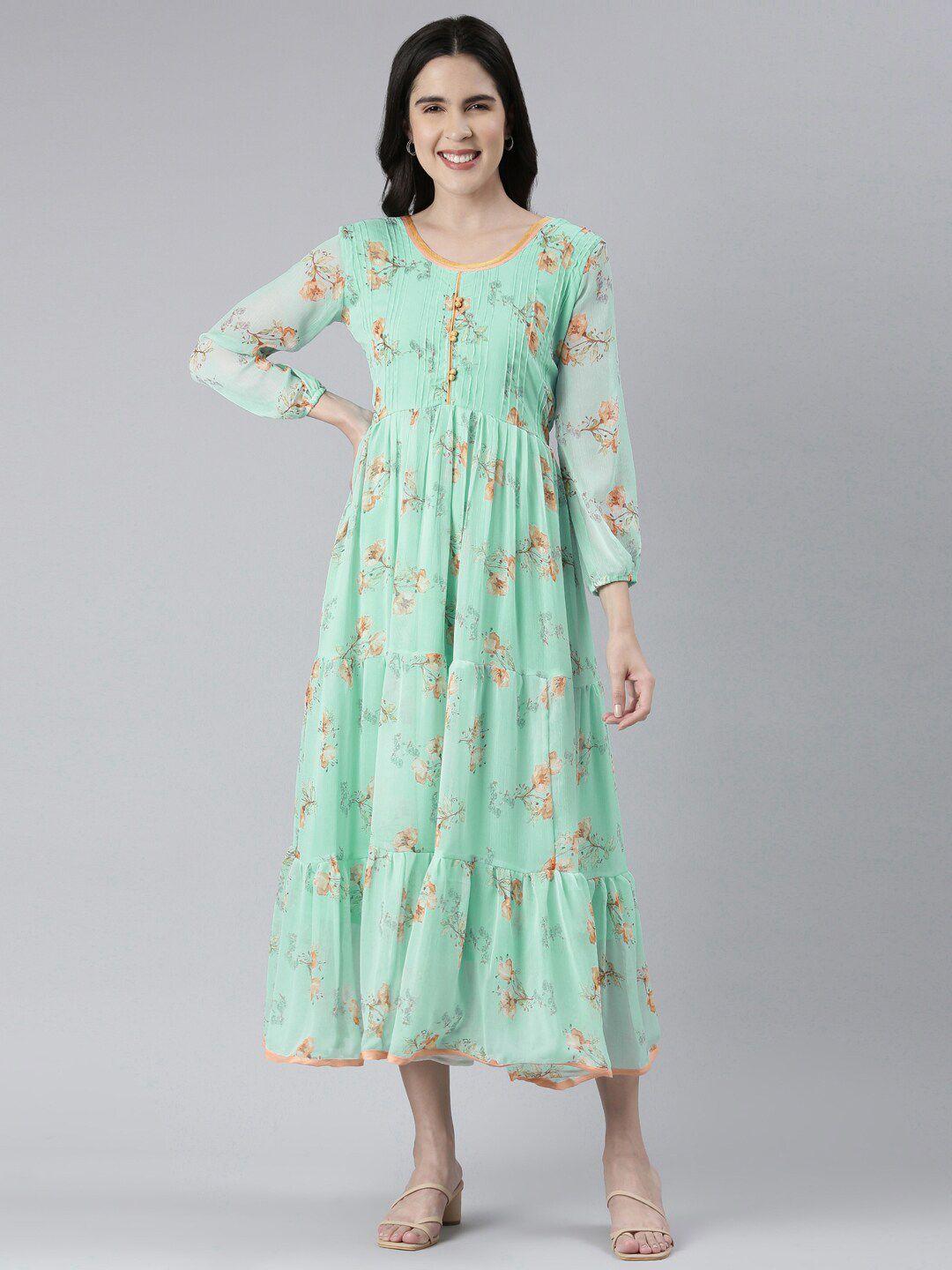 souchii floral printed gathered tiered chiffon fit & flare midi dress