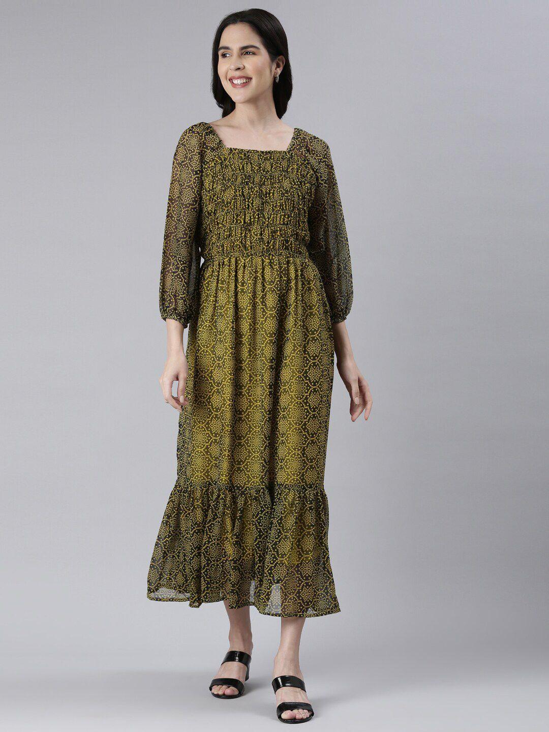 souchii bandhani printed puff sleeve smocked flounce chiffon fit & flare midi ethnic dress