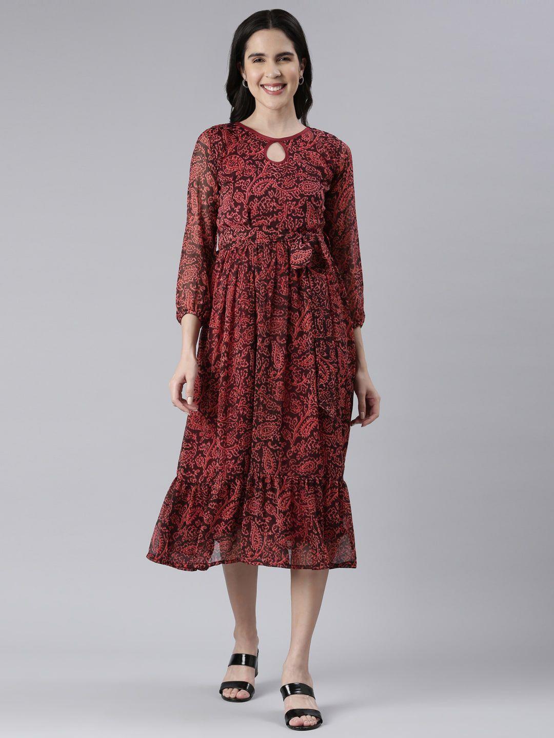 souchii ethnic motifs printed keyhole neck belted fit & flare chiffon midi ethnic dress