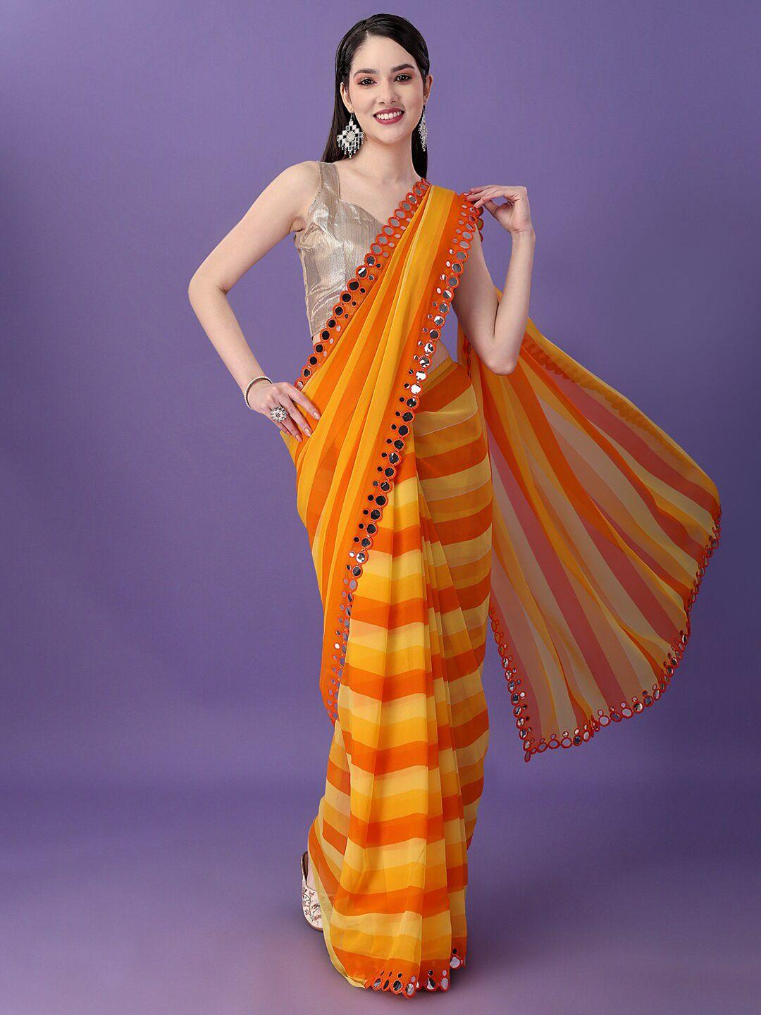 clemira striped mirror work satin leheriya saree