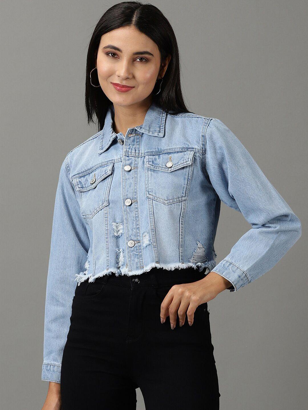 showoff washed crop frayed denim jacket