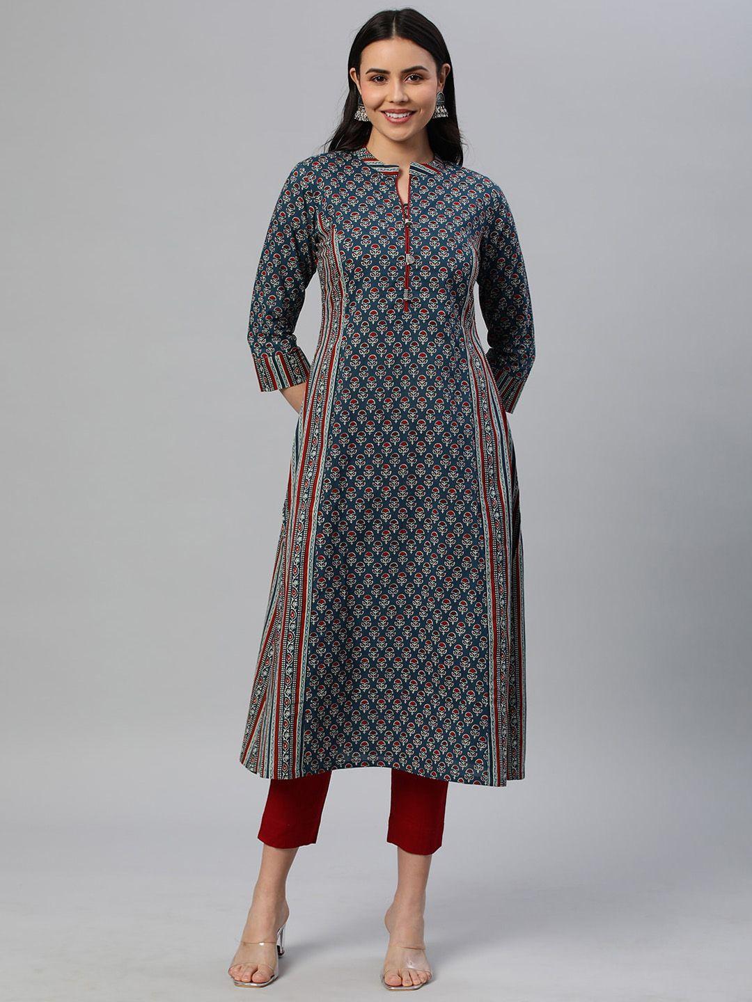 kami kubi floral printed panelled a-line pure cotton kurta