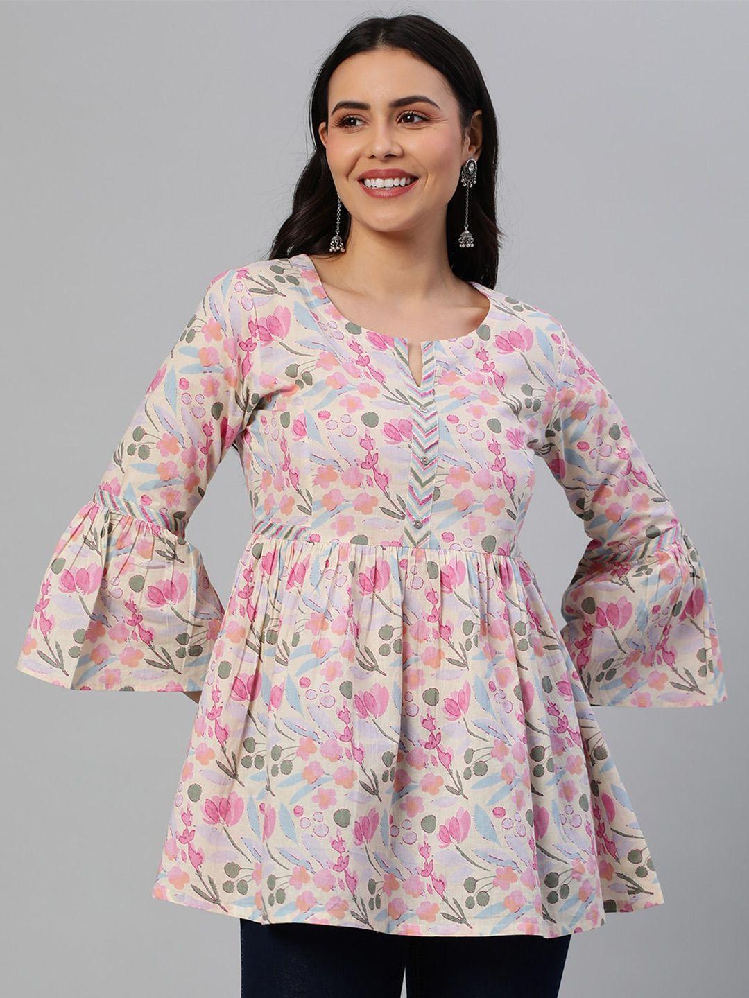 kami kubi floral printed bell sleeve pure cotton peplum longline top