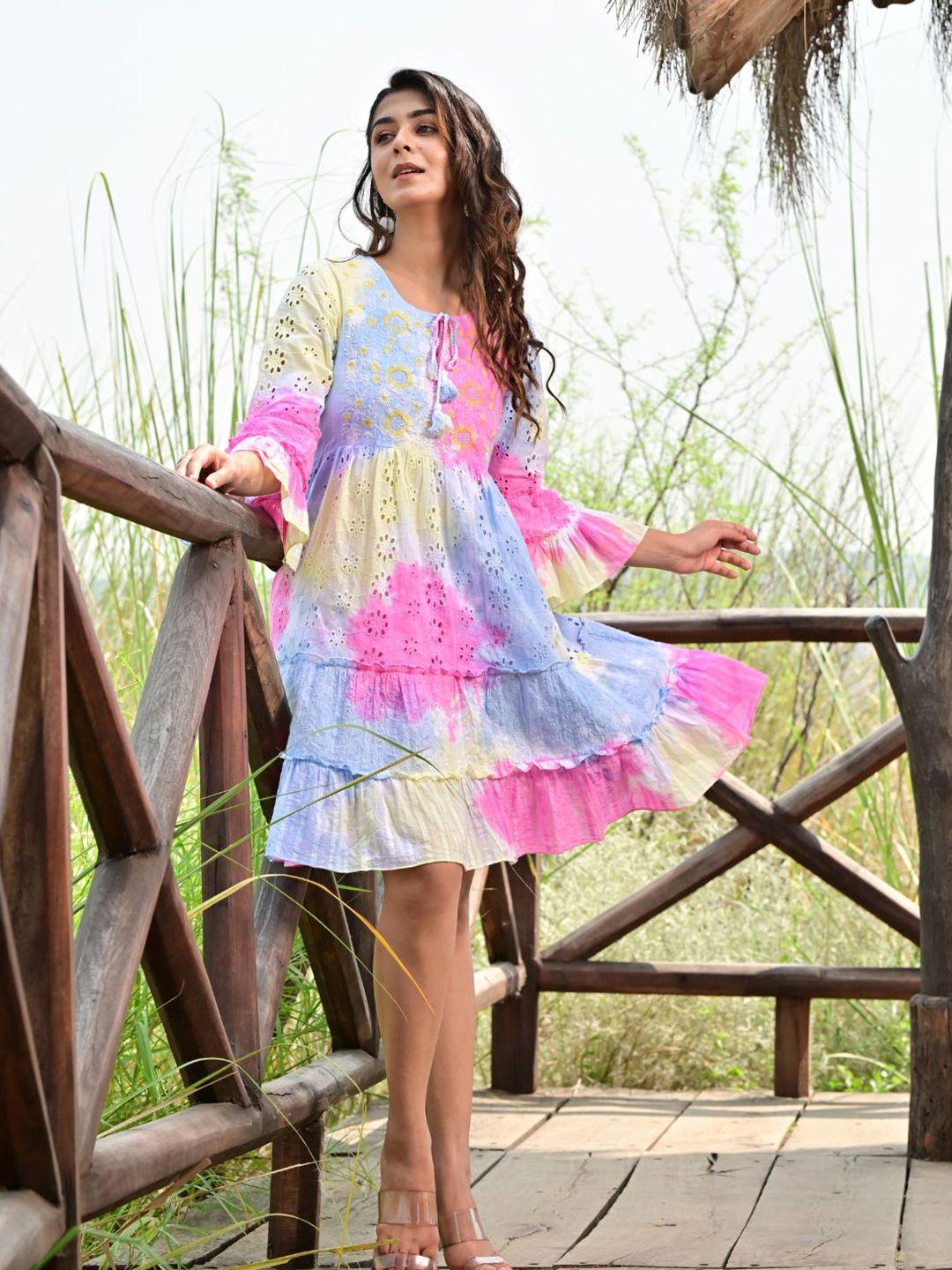 zolo label tie-dyed schiffli bell sleeves a-line dress