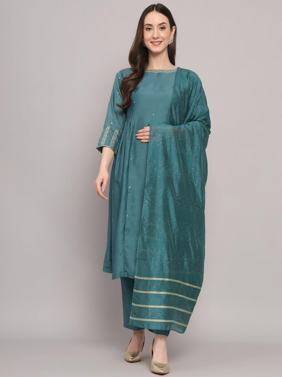 myshka embroidered pure silk kurta with trousers & dupatta