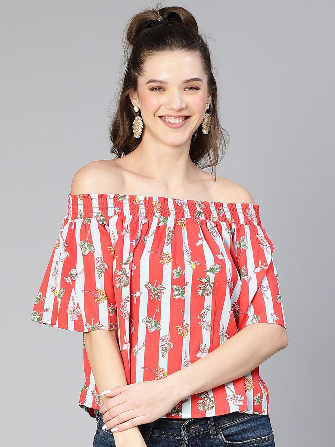 oxolloxo floral print off-shoulder flared sleeve crepe bardot top