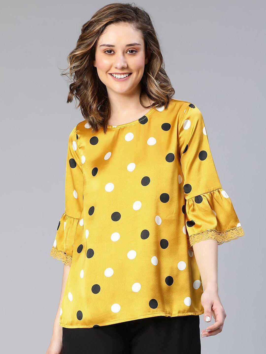 oxolloxo polka dot print bell sleeve round neck satin top