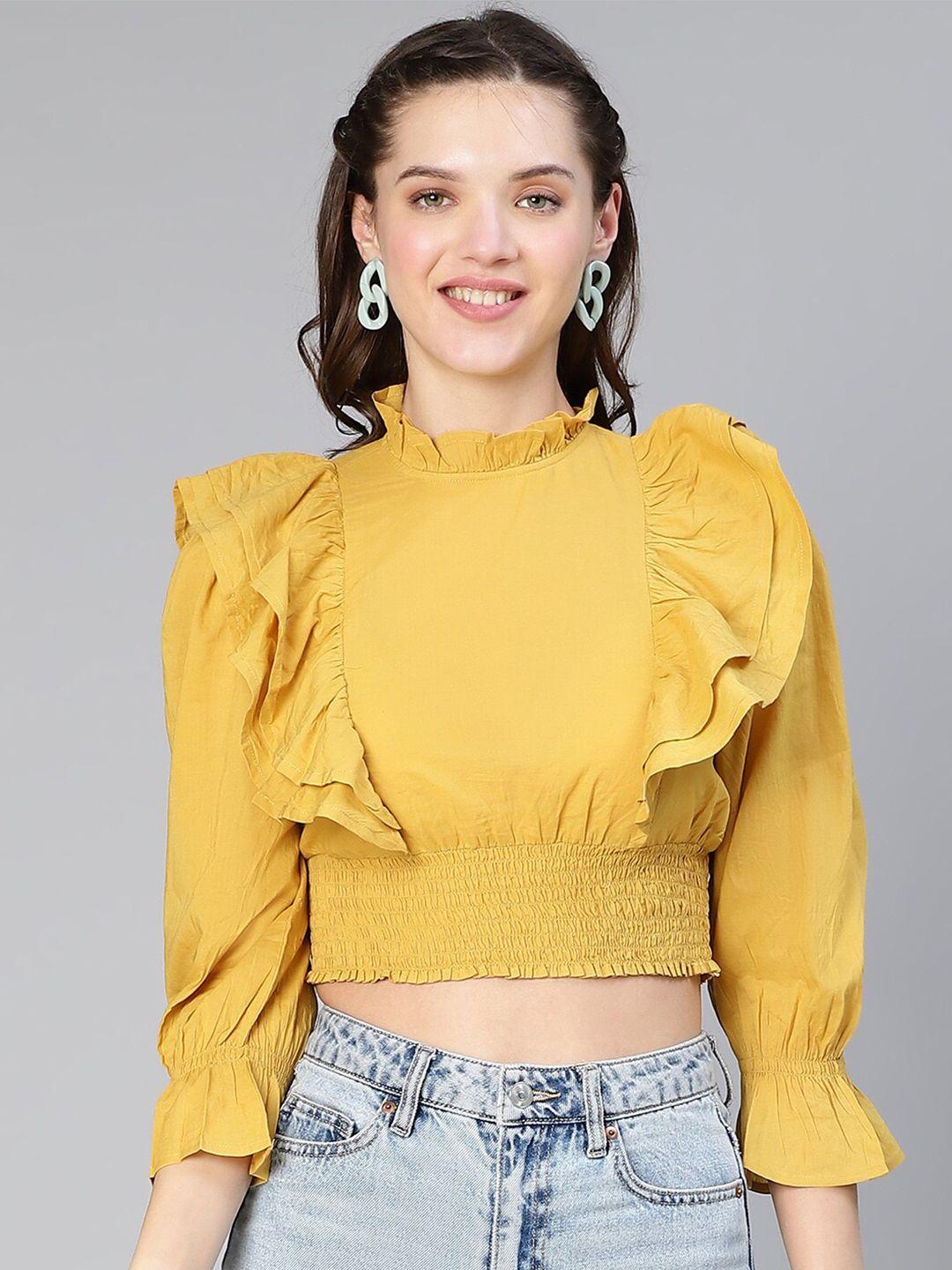 oxolloxo ruffled puff sleeve smocked high neck crop top