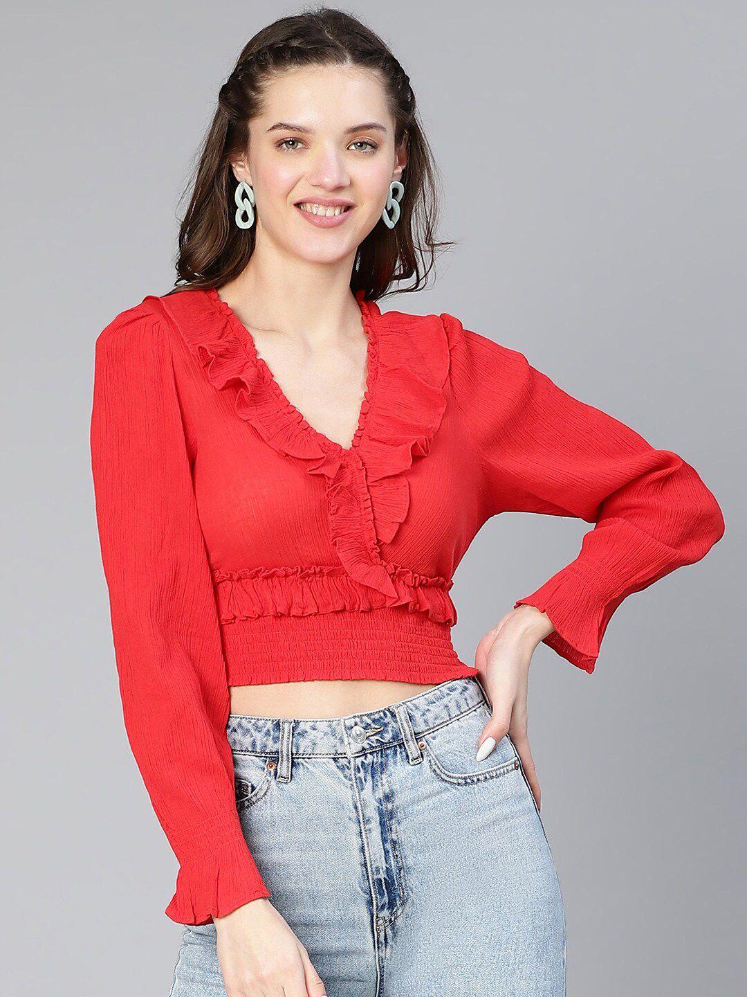 oxolloxo ruffled & smocked crepe wrap crop top