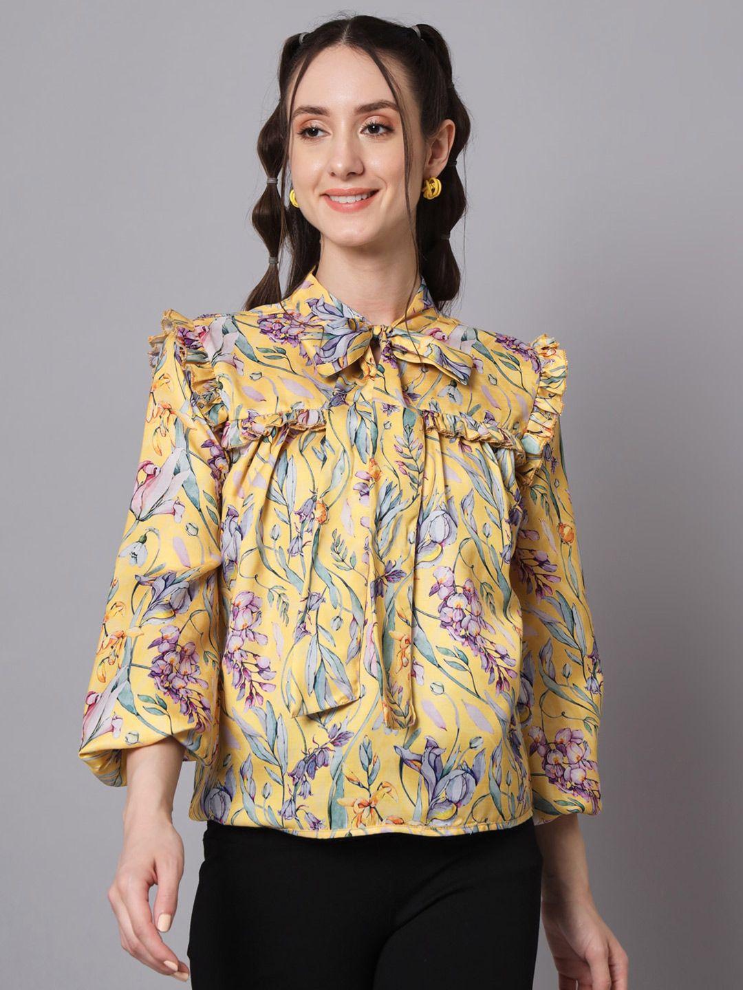 the dry state floral printed tie-up neck flared sleeve ruffles top