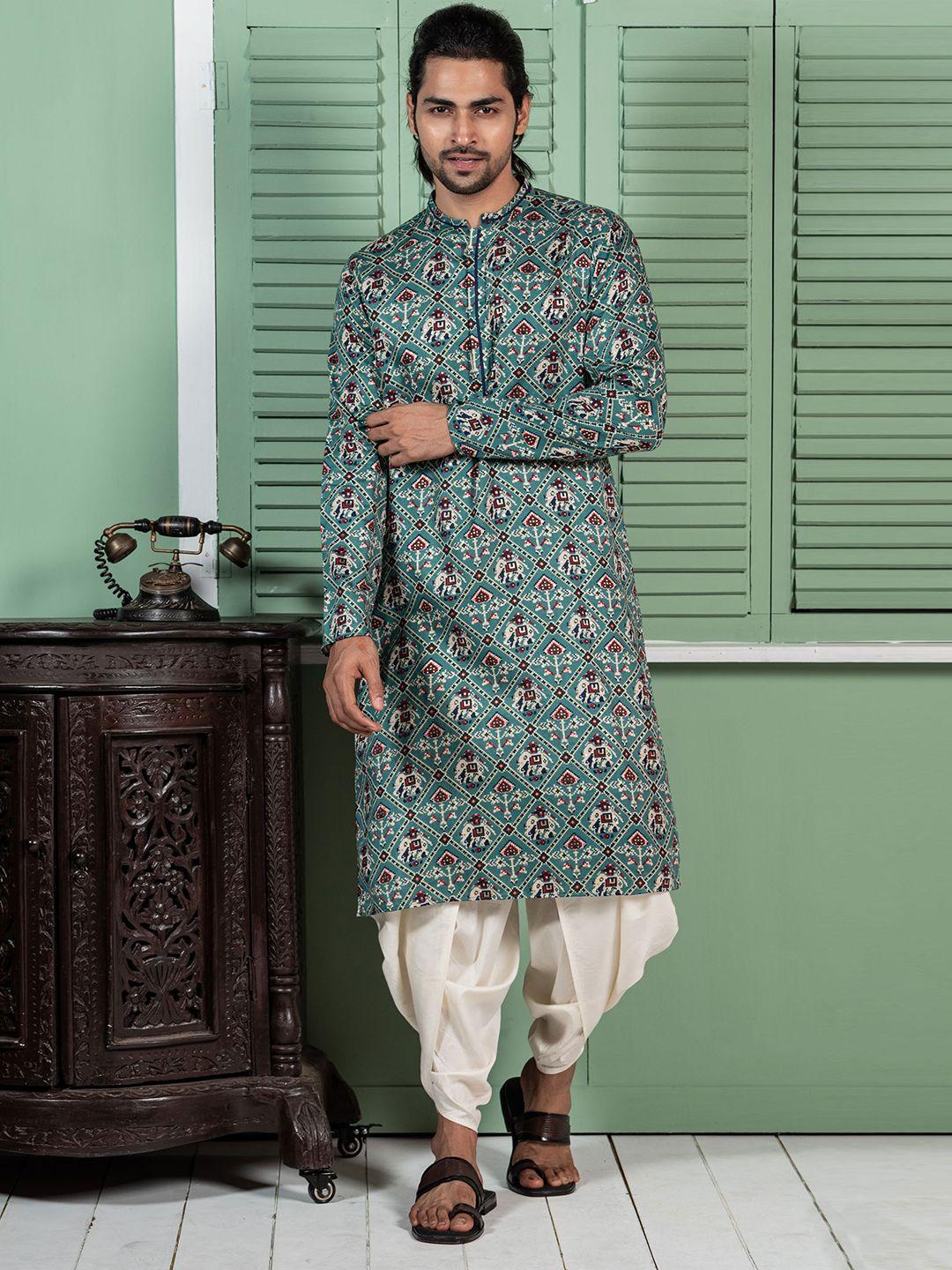 kisah ethnic motifs printed mandarin collar thread work kurta