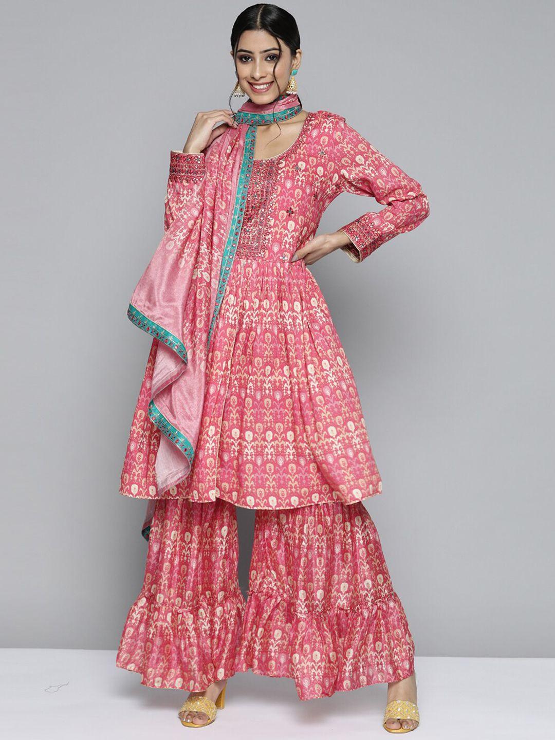 kvsfab floral printed mirror work anarkali kurta with sharara & dupatta