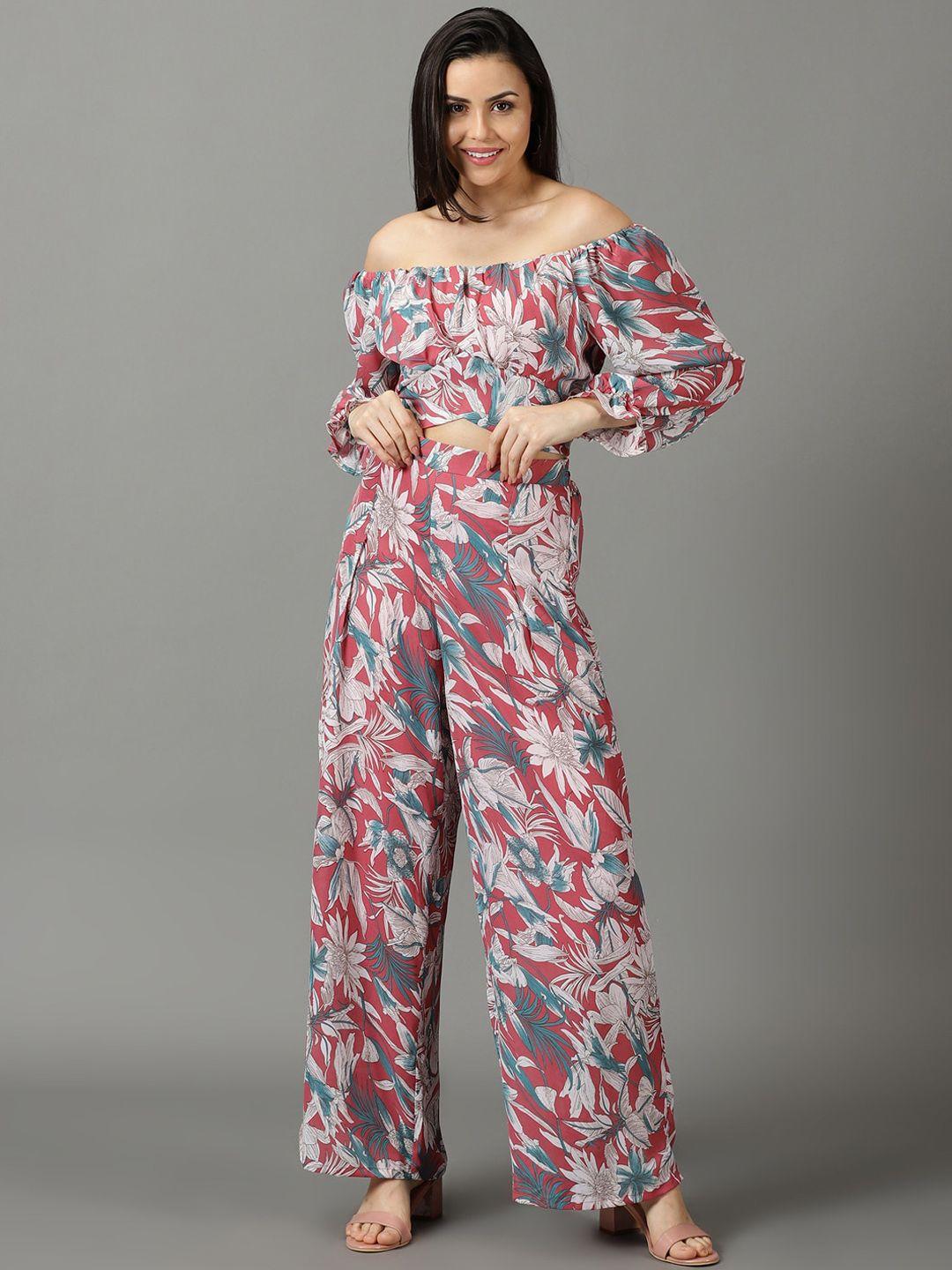 showoff printed off-shoulder long sleeves top & palazzos co-ords