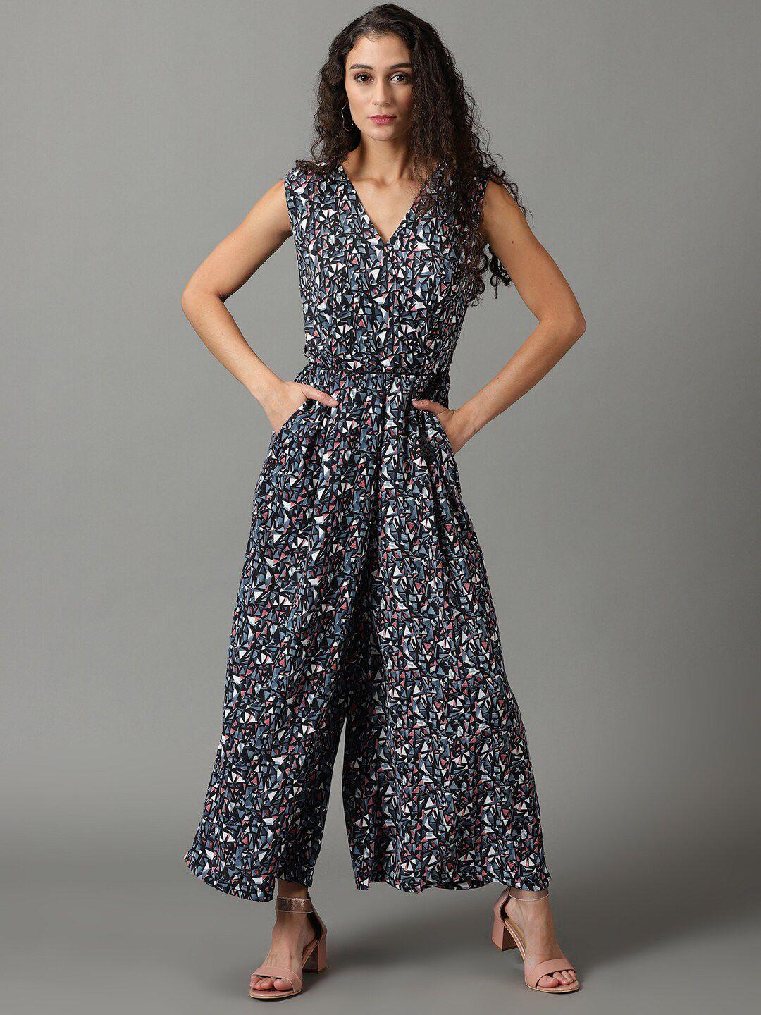 showoff geometric printed v-neck culotte jumpsuit