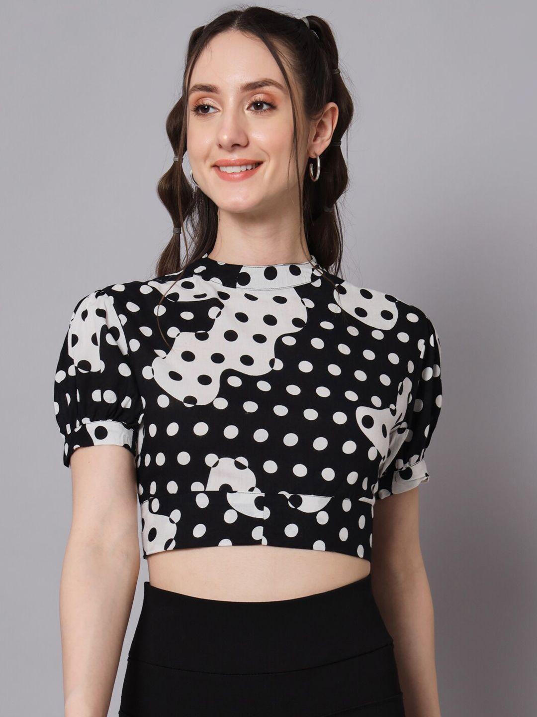 the dry state polka dot printed high neck puff sleeves styled back crop top