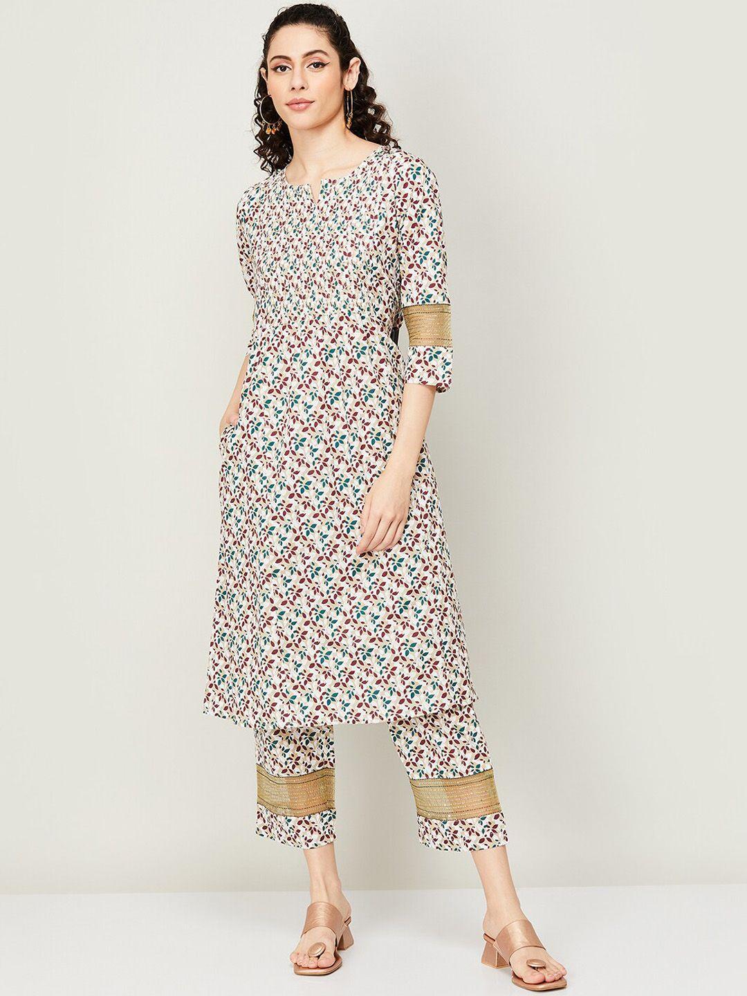 melange by lifestyle floral printed regular pure cotton kurta with trousers