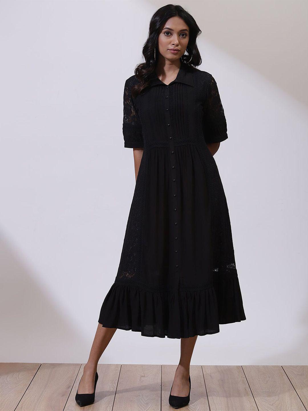 lakshita self design net shirt collar fit & flare midi dress