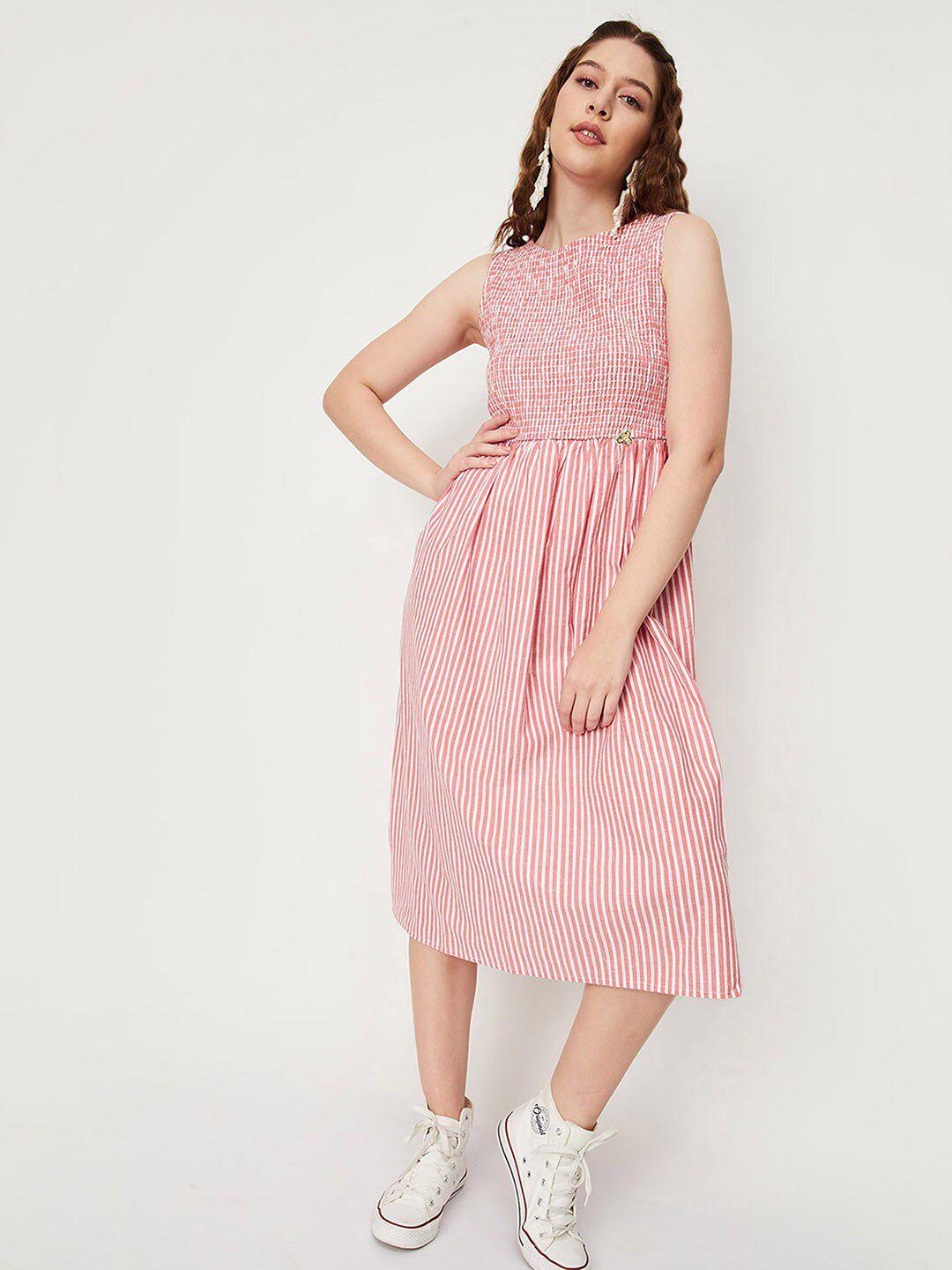 max striped smocked pure cotton fit & flare midi dress