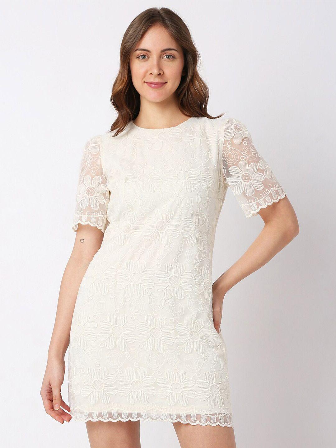 vero moda round neck floral embroidered mini sheath dress