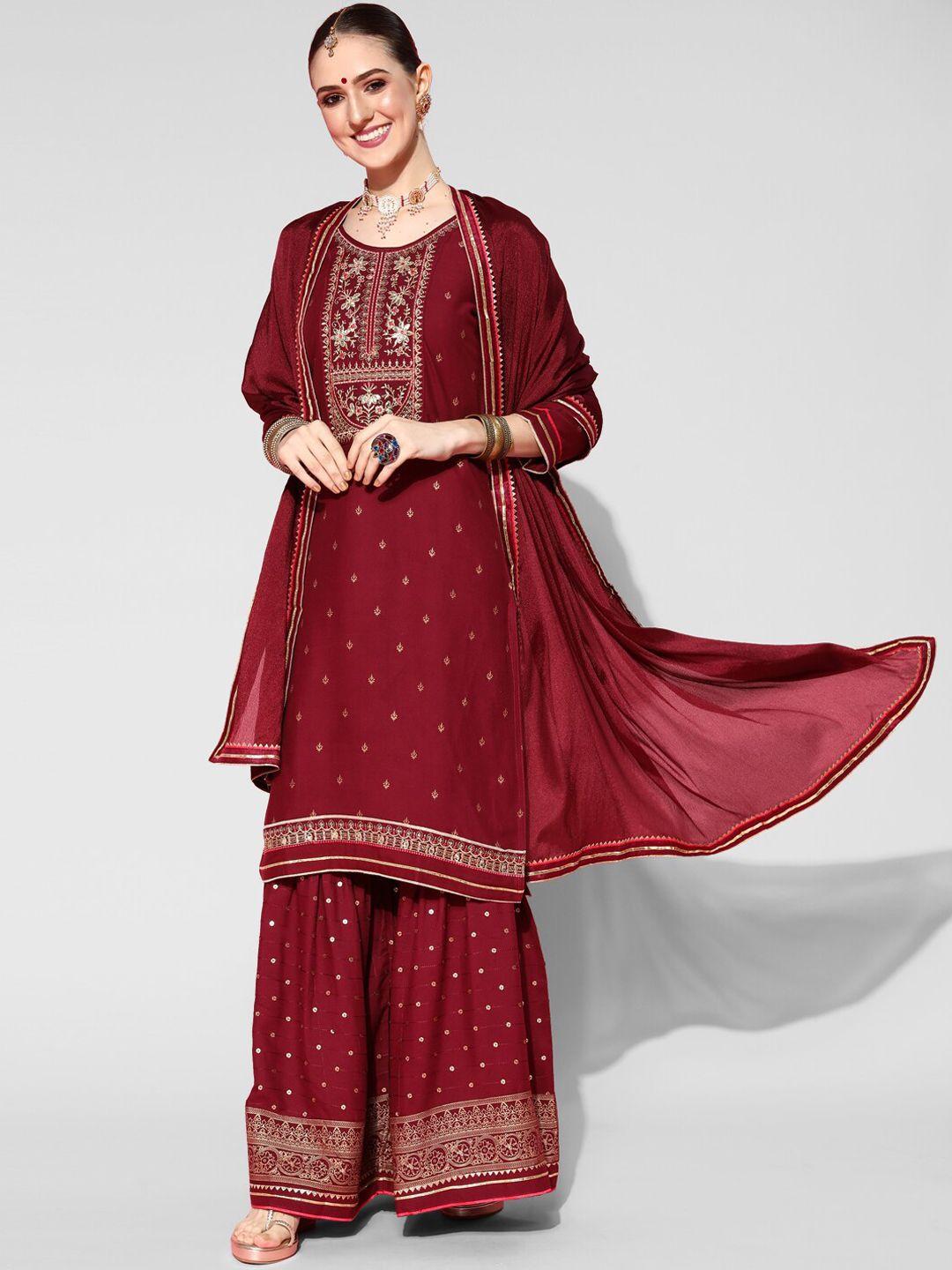 kvsfab ethnic motifs printed thread work kurta with sharara & with dupatta