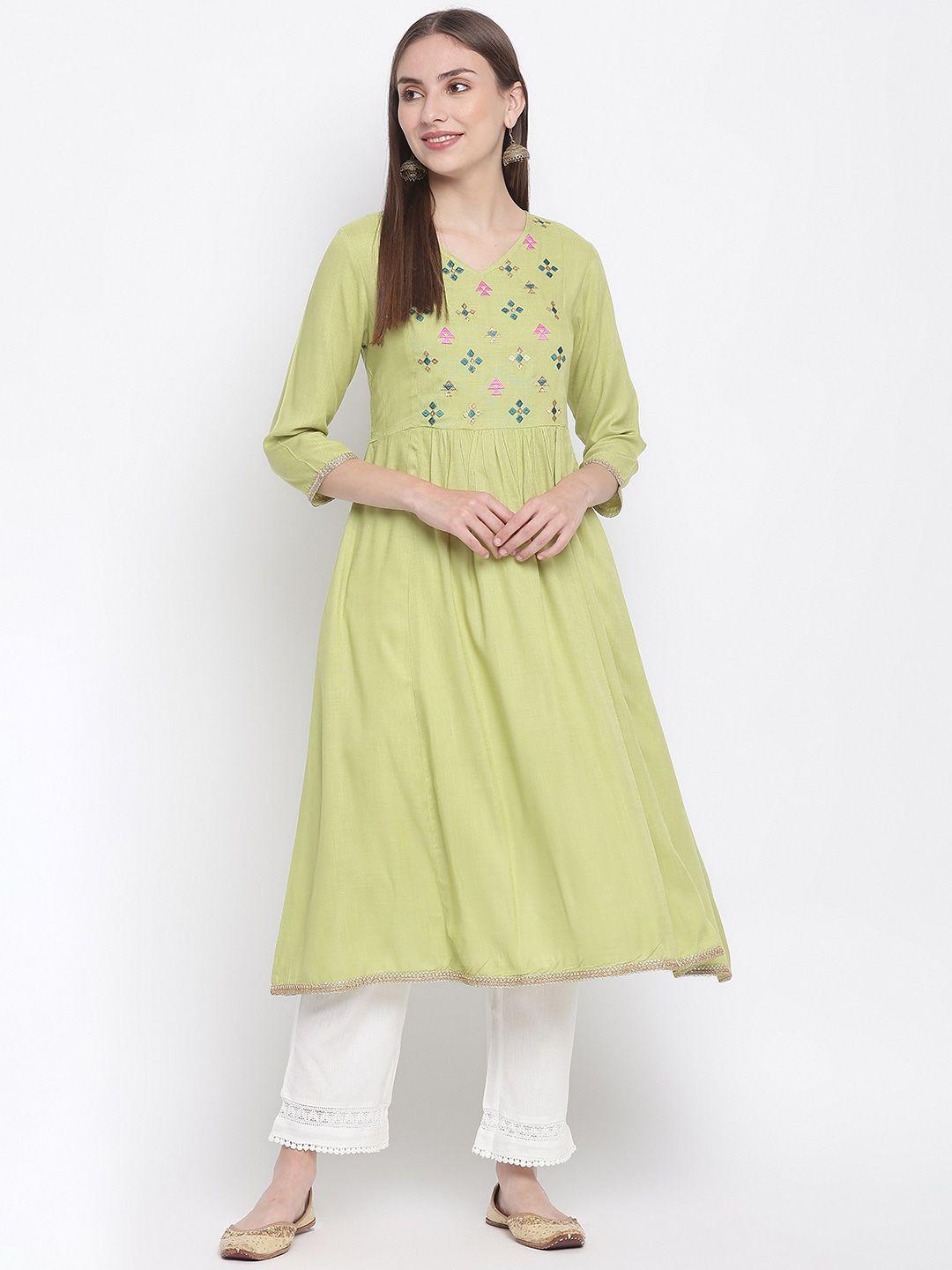 imara embroidered v neck a line thread work kurta