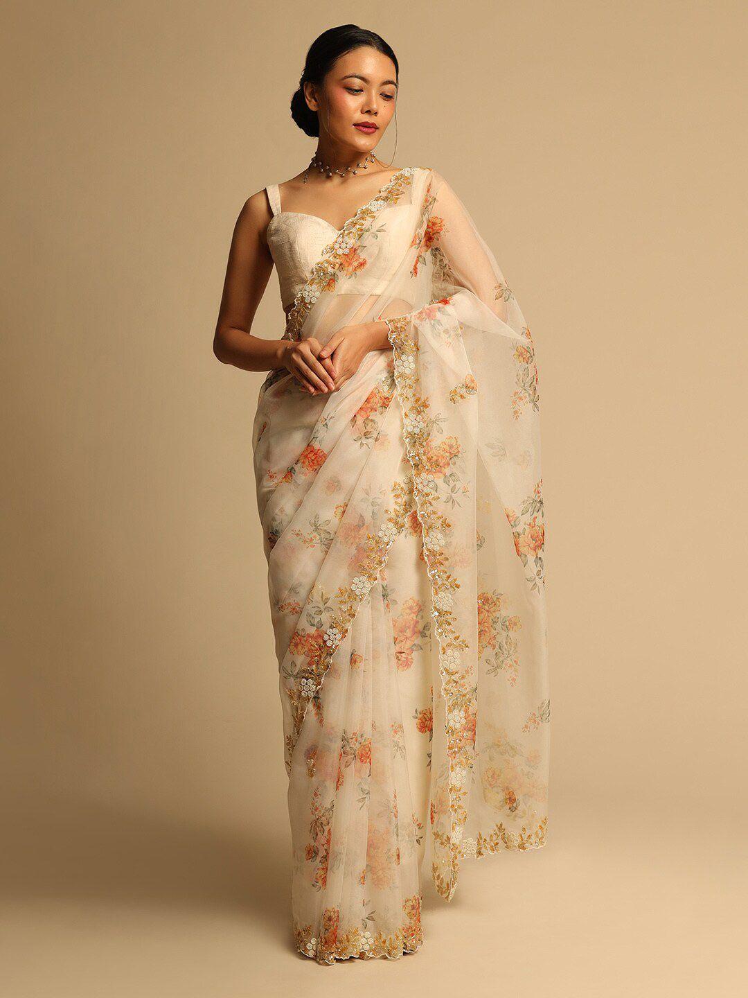 kalki fashion floral printed beads and stones organza saree