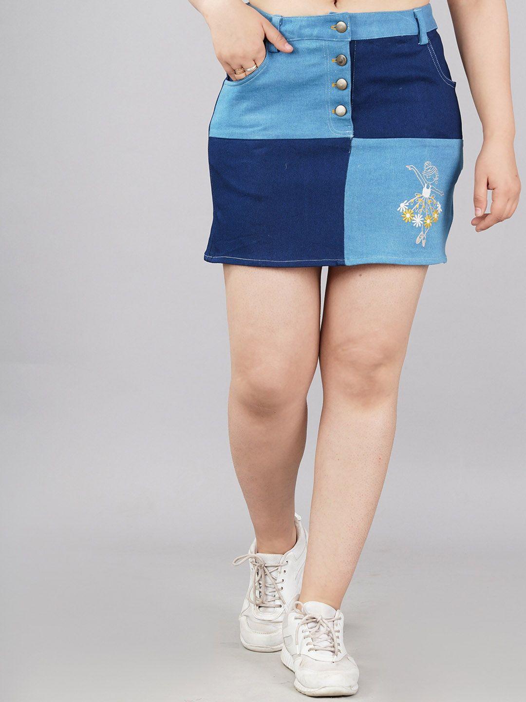 sumavi-fashion embroidered denim straight mini skirt