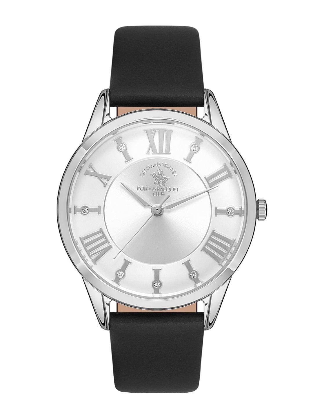 santa barbara polo & racquet club women embellished dial & leather straps analogue watch