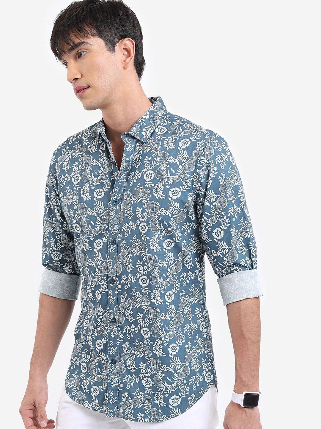 highlander teal blue & white ethnic motifs printed slim fit cotton casual shirt