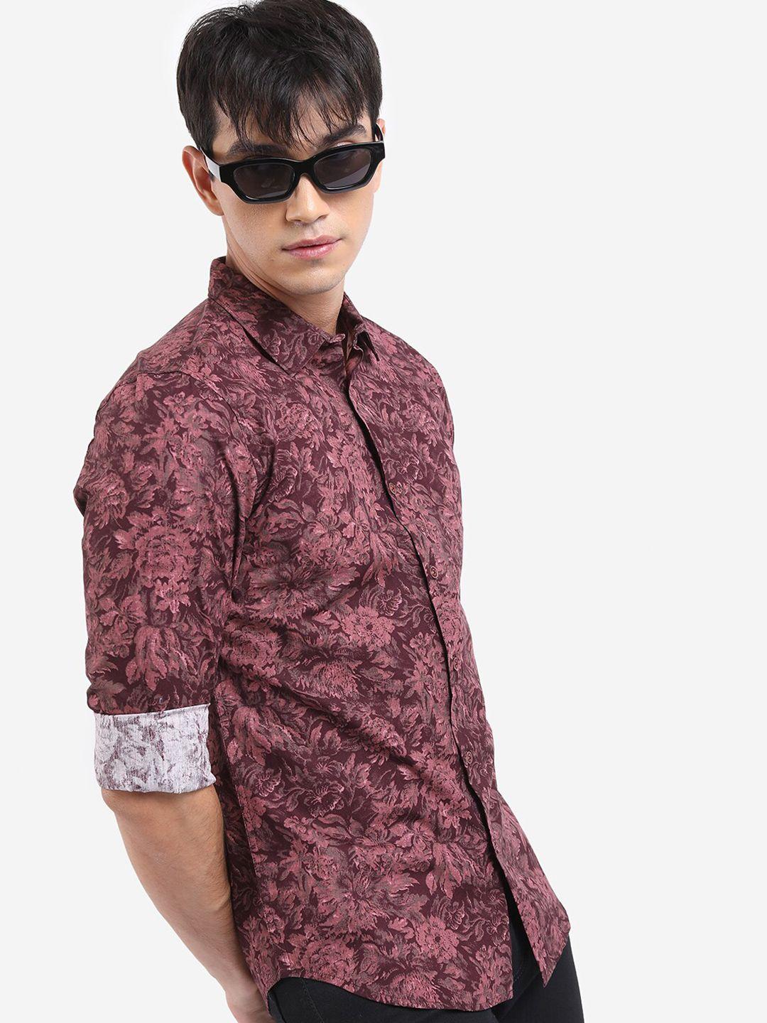 highlander floral printed slim fit spread collar casual cotton shirt