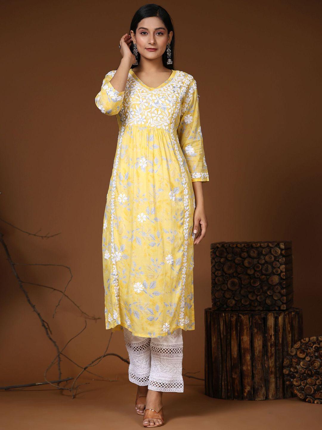 house of kari v-neck floral printed chikankari a-line pure cotton kurta