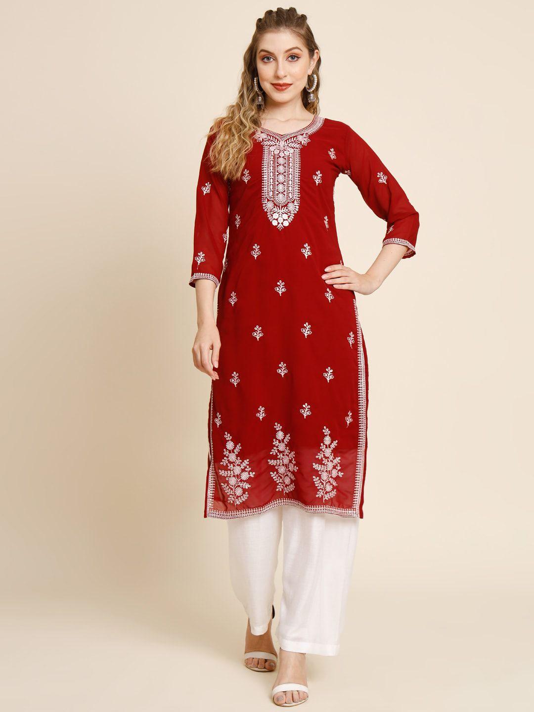 here&now women floral embroidered thread work georgette kurta