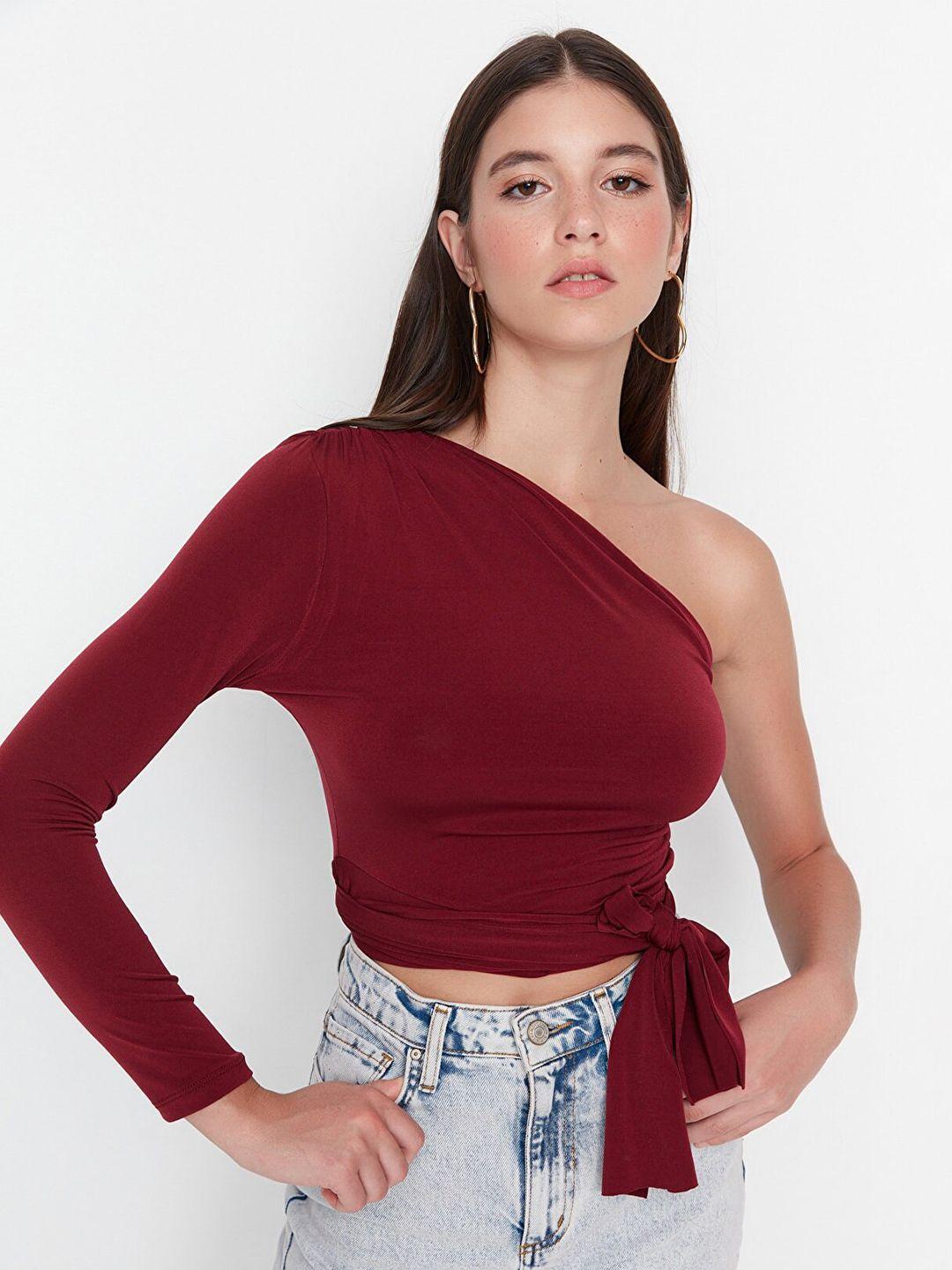 trendyol one shoulder waist tie-ups fitted crop top