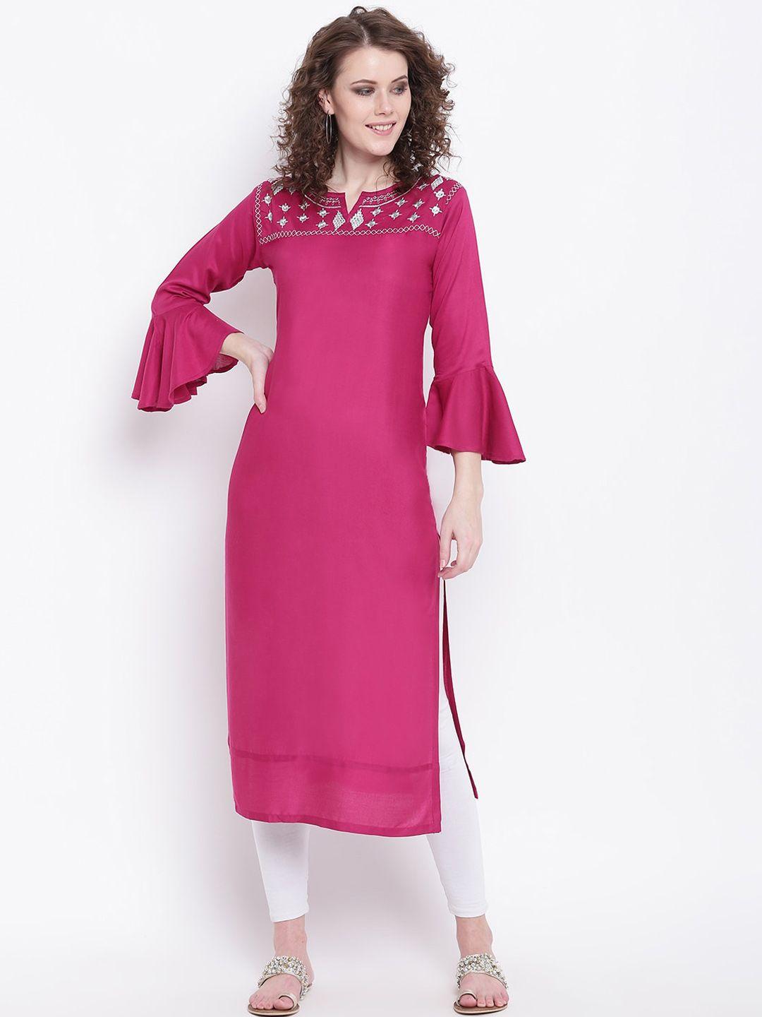 napra ethnic motifs yoke design thread work bell sleeves notched neck kurta