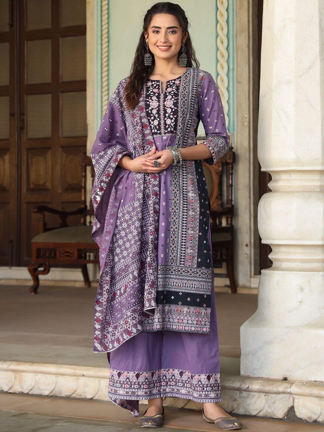 juniper ethnic motif printed notched neck pure cotton kurta with palazzos & dupatta