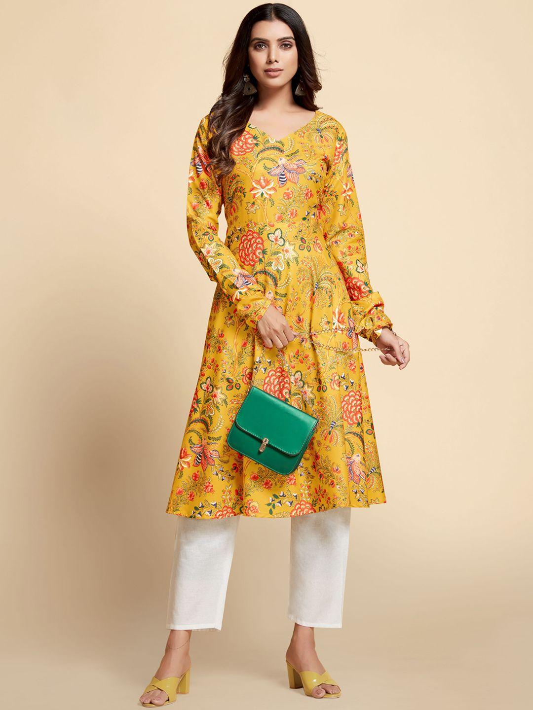 sangria v-neck floral printed anarkali kurta with trousers