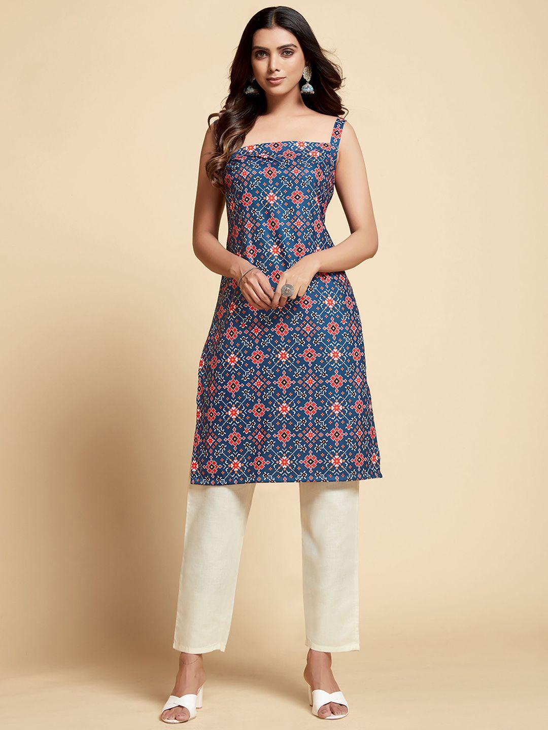 sangria sleeveless ethnic motifs printed straight kurta with trousers