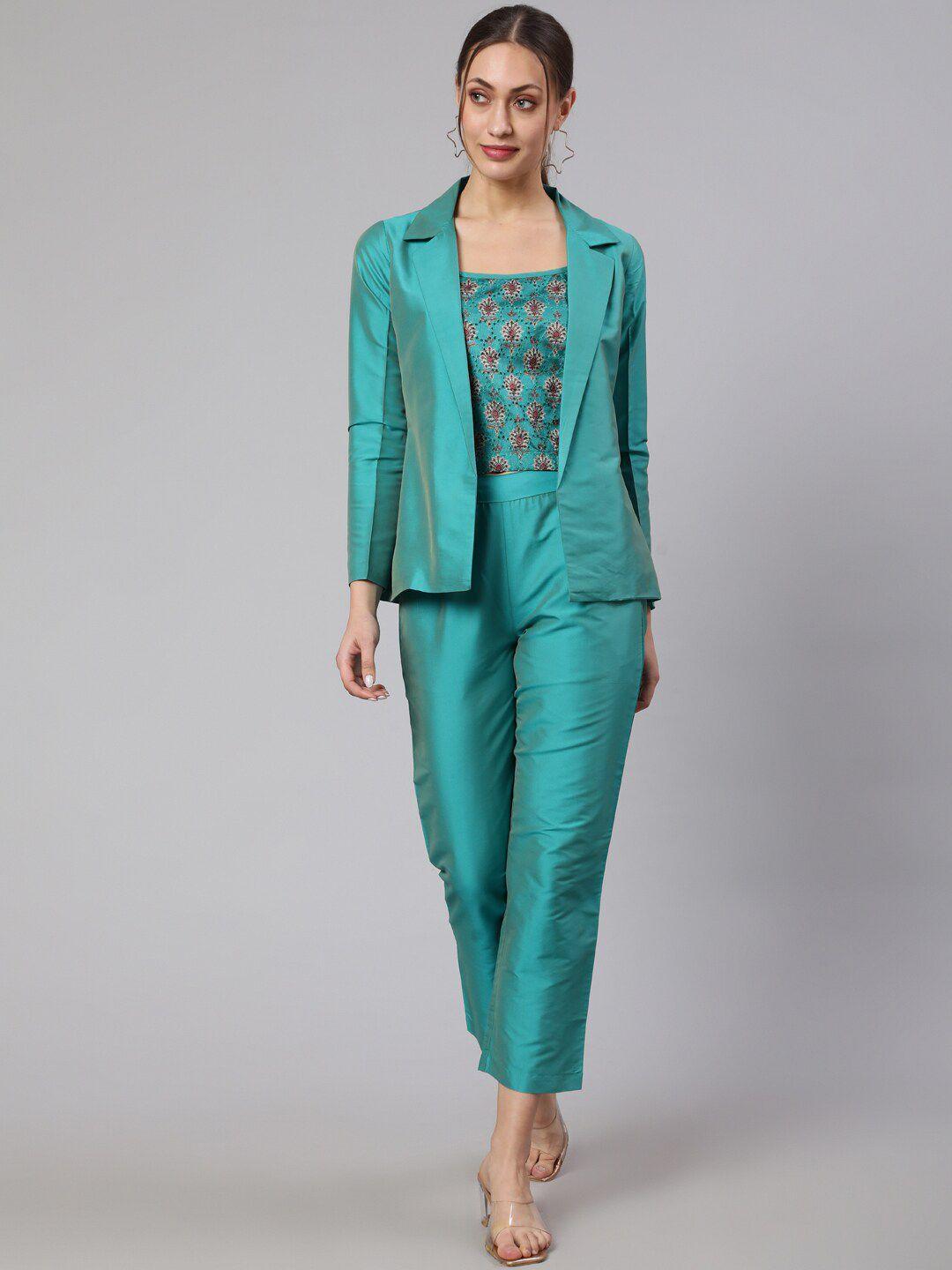 jaipur kurti 3 pieces square neck crop top trouser & jacket