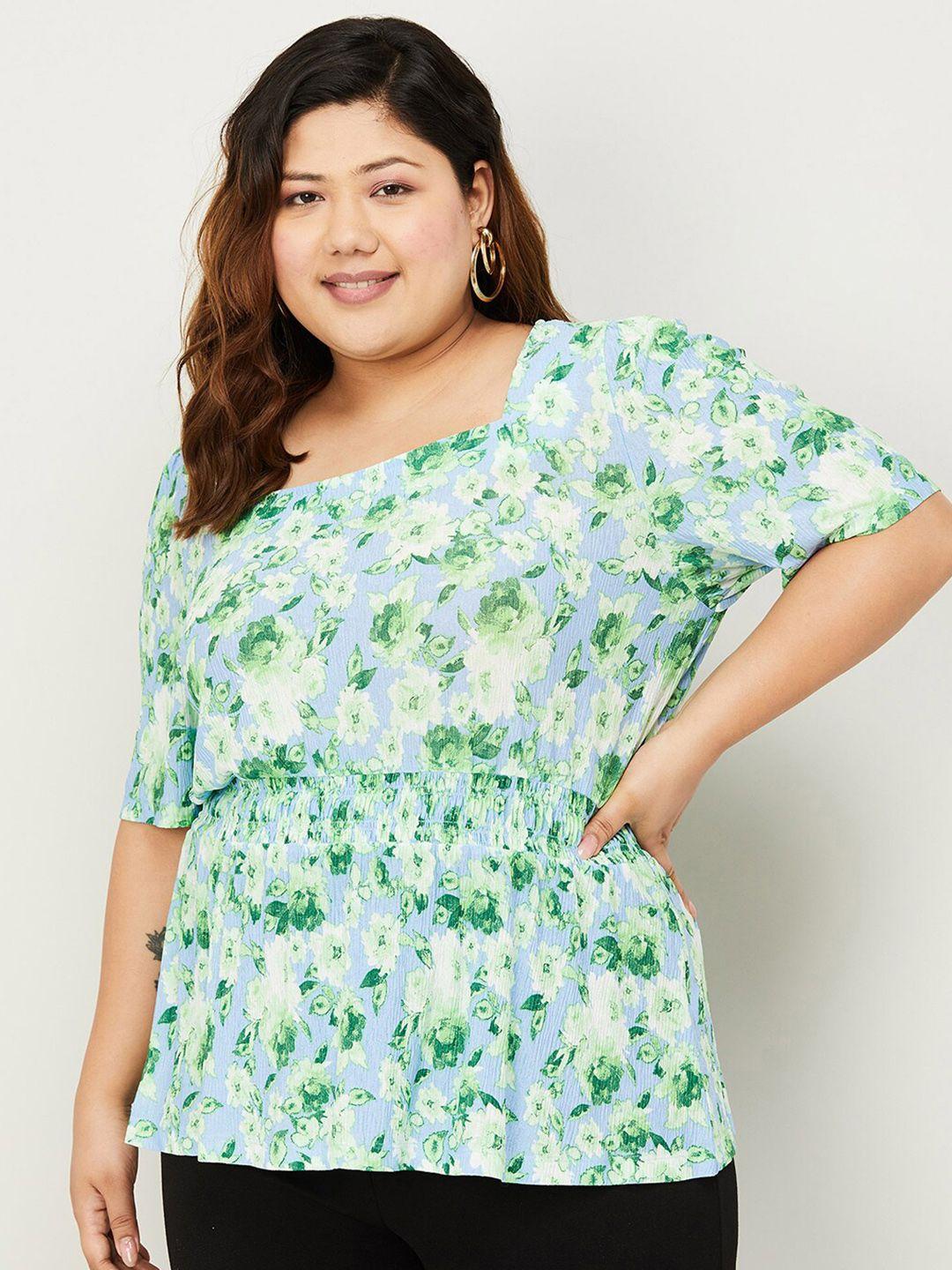 nexus plus size floral printed square neck short sleeves smocked regular top