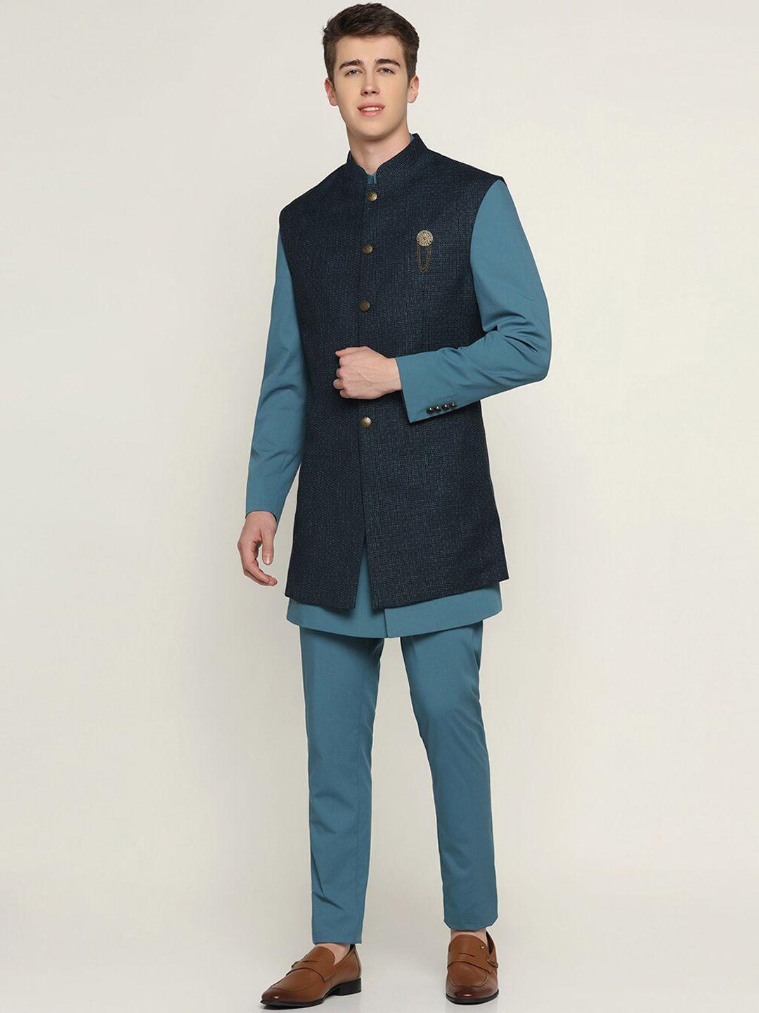 blackberrys woven-designed slim-fit single-breasted longline bandhgala two-piece suit