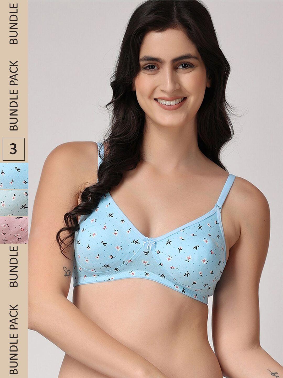 floret pack of 3 floral printed medium coverage bra