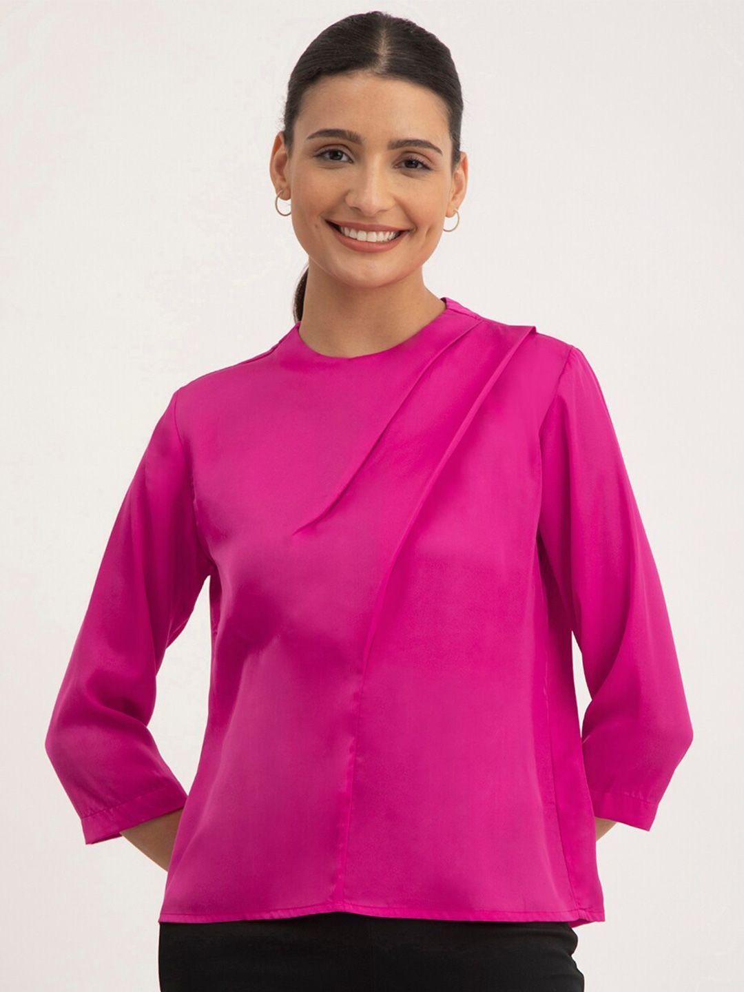 fablestreet round neck three-quarter sleeves satin top