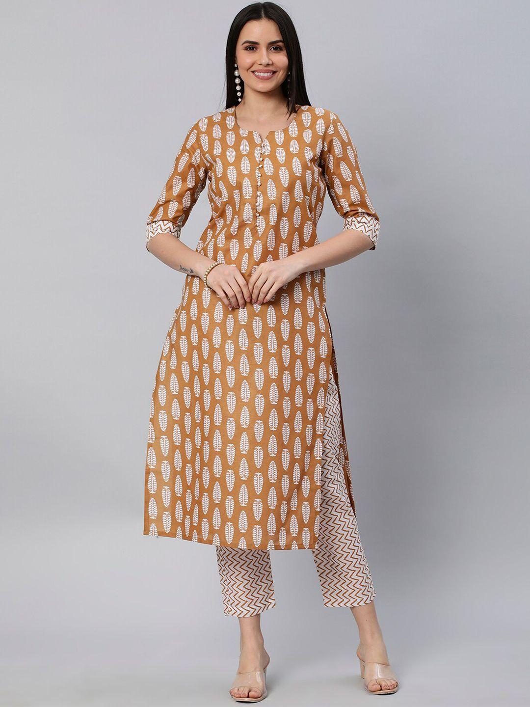 kalini notched neck ethnic mofits printed straight kurta with trousers