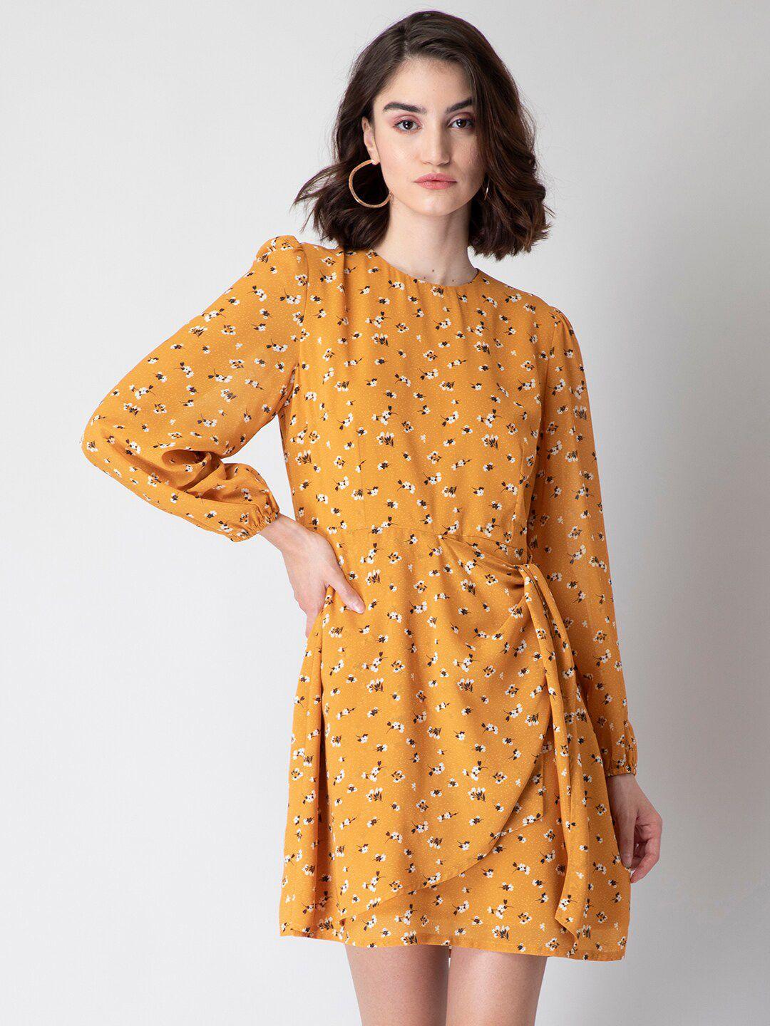 faballey floral printed puff sleeves tie-up detail georgette a-line dress